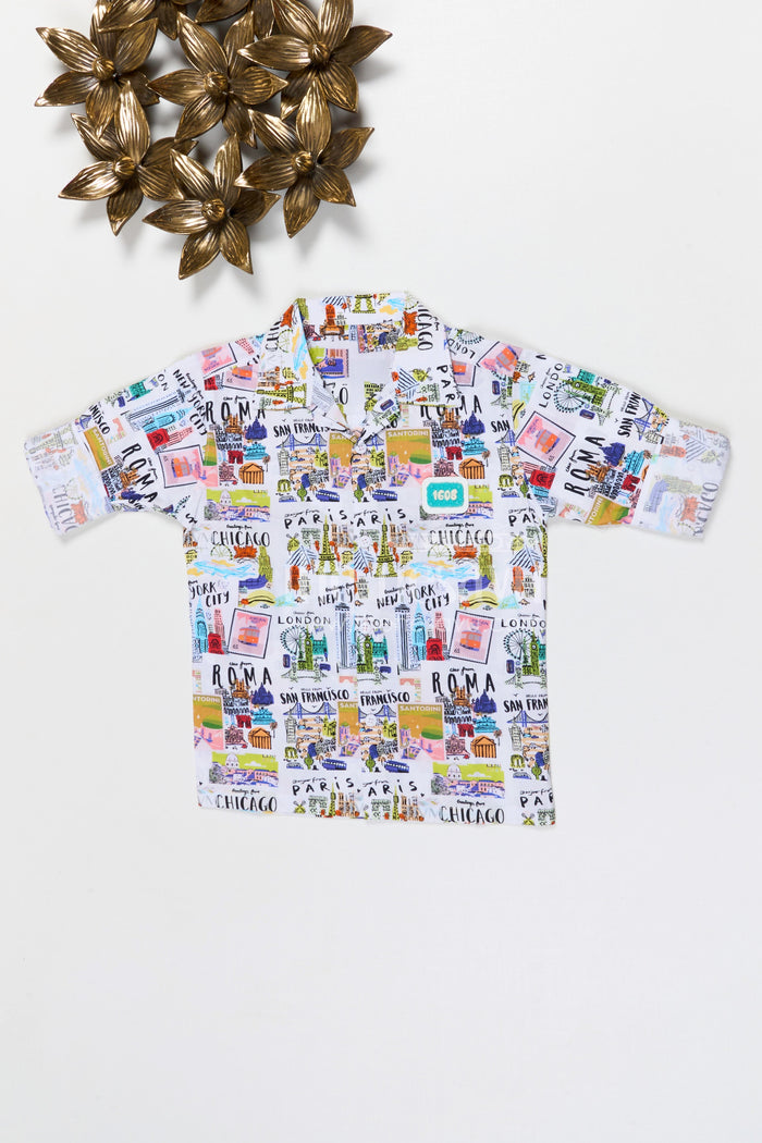 The Nesavu Boys Cotton Shirt Boys Travel Theme Printed Cotton Shirt for Holiday Outings and Casual Wear Nesavu 20 (3Y) / Multicolor / Cotton BS416A-20 Nesavu boys cotton travel print shirt for holidays casual outings and kids summer wear