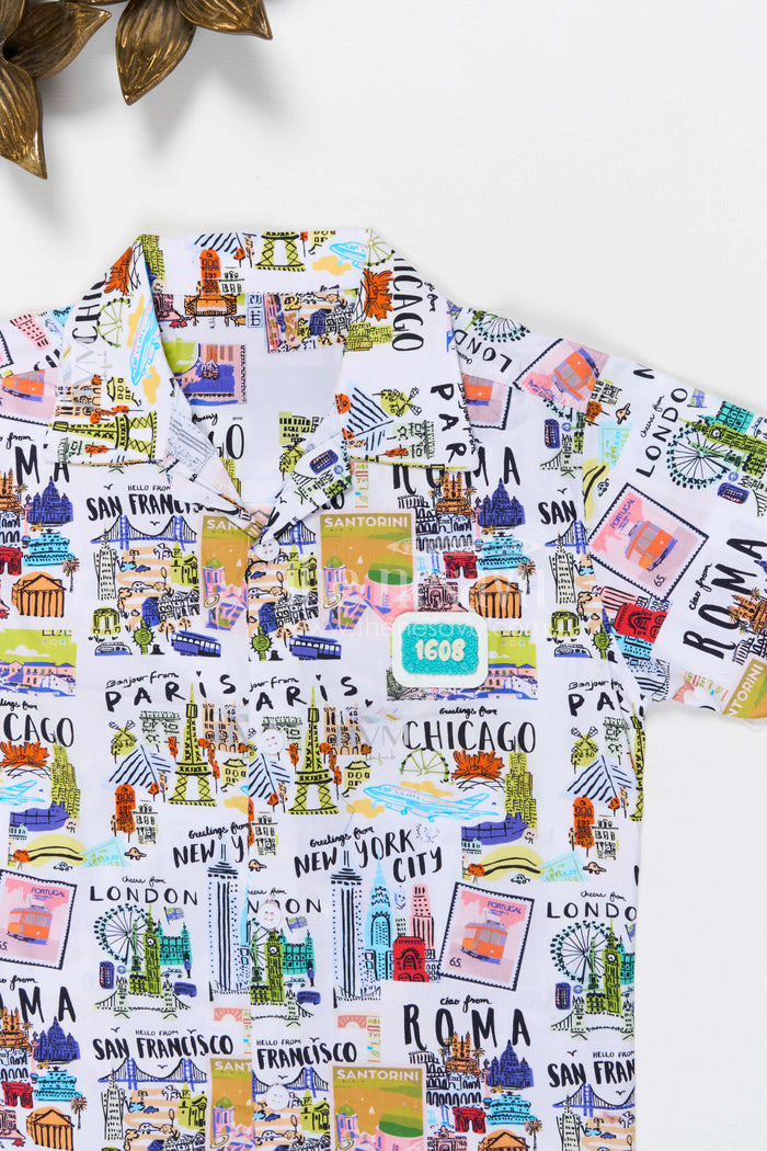 The Nesavu Boys Cotton Shirt Boys Travel Theme Printed Cotton Shirt for Holiday Outings and Casual Wear Nesavu Nesavu boys cotton travel print shirt for holidays casual outings and kids summer wear