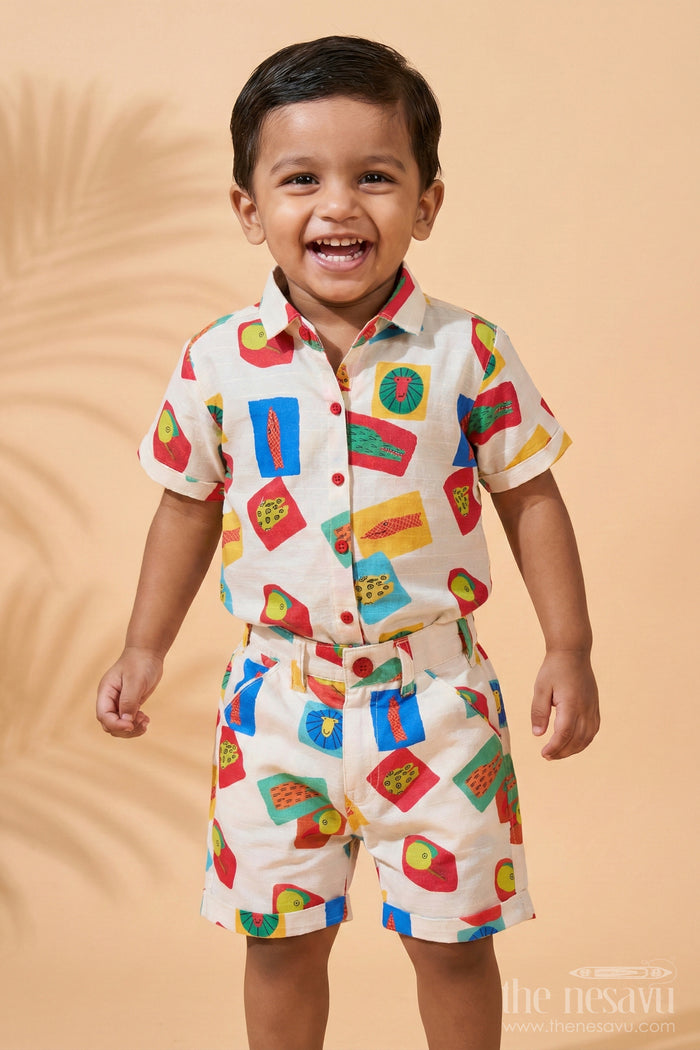 The Nesavu Boys Casual Set Boys Trendy Casual Shirts with Colorful Printed Shorts and Graphic Tank Top Nesavu 16 (1Y) / Multicolor BCS213A-16 Boys Trendy Casual Shirts Printed Shorts Graphic Tank Top | The Nesavu