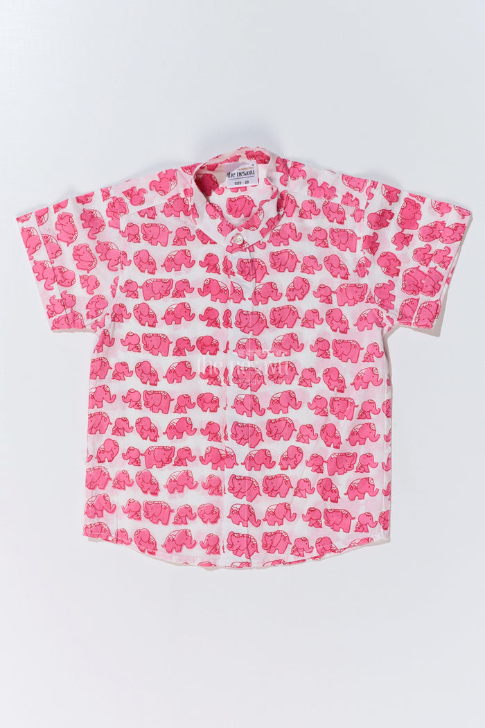 The Nesavu Boys Cotton Shirt Boys Trendy Cotton Shirts in Cotton Block Print with Cute Elephant Motif Nesavu 16 (1Y) / Pink BS247A-16 Nesavu Boys Trendy Cotton Shirt Cotton Block Print Playful Elephant Print