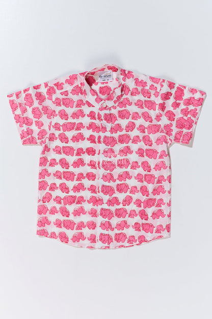 The Nesavu Boys Cotton Shirt Boys Trendy Cotton Shirts in Cotton Block Print with Cute Elephant Motif Nesavu 16 (1Y) / Pink BS247A-16 Nesavu Boys Trendy Cotton Shirt Cotton Block Print Playful Elephant Print