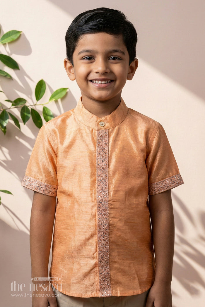 The Nesavu Boys Silk Shirt Boys Trendy Half Sleeve Shirts with Embroidered Borders in Elegant Silk Blend Fabric Nesavu 16 (1Y) / Peach BS231A-16 Boys Trendy Half Sleeve Silk Shirt Embroidered Borders Festive Design | The Nesavu