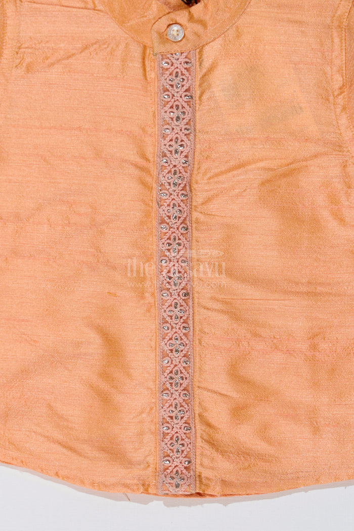 The Nesavu Boys Silk Shirt Boys Trendy Half Sleeve Shirts with Embroidered Borders in Elegant Silk Blend Fabric Nesavu Nesavu Boys Trendy Half Sleeve Silk Shirt Embroidered Borders Festive Design