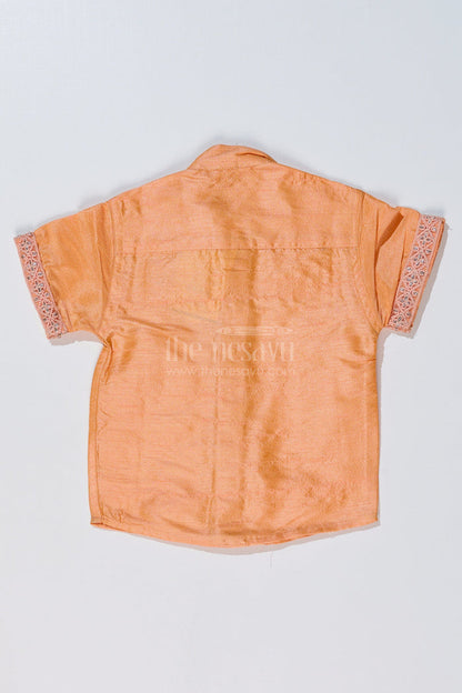 The Nesavu Boys Silk Shirt Boys Trendy Half Sleeve Shirts with Embroidered Borders in Elegant Silk Blend Fabric Nesavu Nesavu Boys Trendy Half Sleeve Silk Shirt Embroidered Borders Festive Design