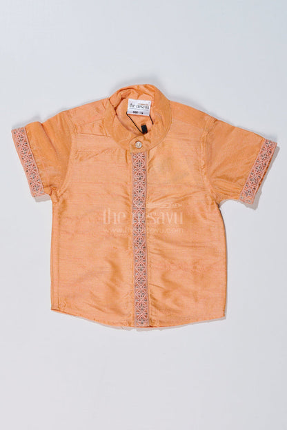 The Nesavu Boys Silk Shirt Boys Trendy Half Sleeve Shirts with Embroidered Borders in Elegant Silk Blend Fabric Nesavu 16 (1Y) / Peach BS231A-16 Boys Trendy Half Sleeve Silk Shirt Embroidered Borders Festive Design | The Nesavu
