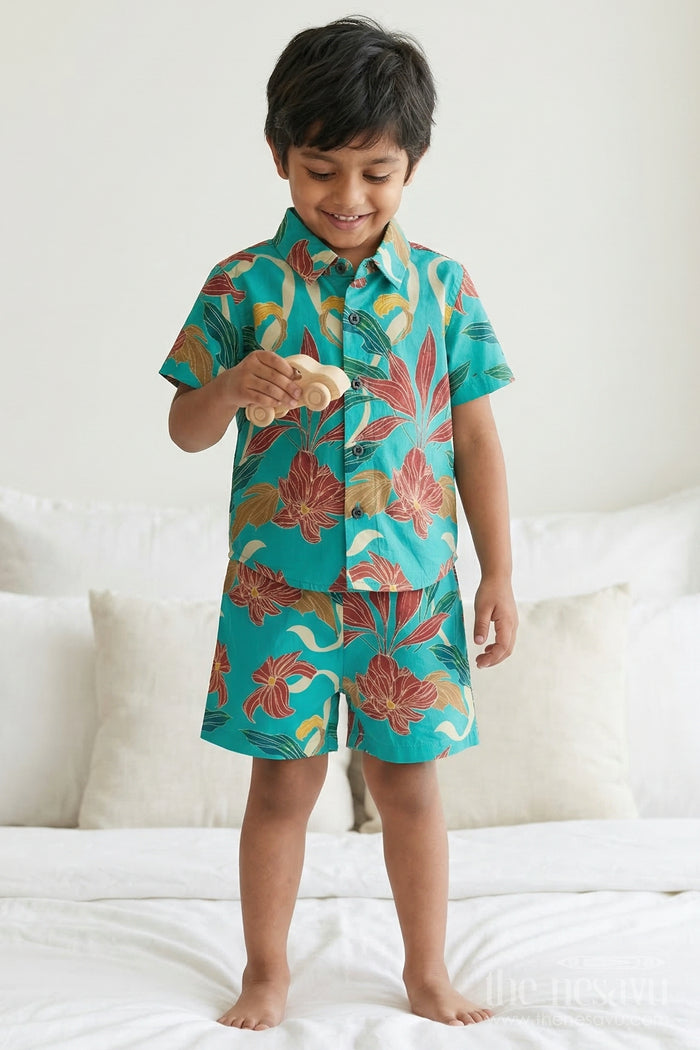 The Nesavu Boys Casual Set Boys Tropical Print Co Ord Set for Summer Vacations Nesavu 12 (3M) / Pink / Cotton BCS556A-12 Nesavu Boys Tropical Print Cotton Co Ord Set For Summer Vacations Beach Trips And Holiday Wear