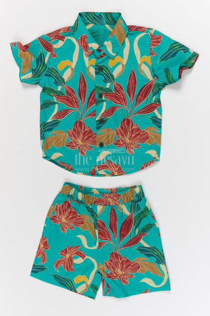 The Nesavu Boys Casual Set Boys Tropical Print Co Ord Set for Summer Vacations Nesavu 12 (3M) / Pink / Cotton BCS556A-12 Nesavu Boys Tropical Print Cotton Co Ord Set For Summer Vacations Beach Trips And Holiday Wear