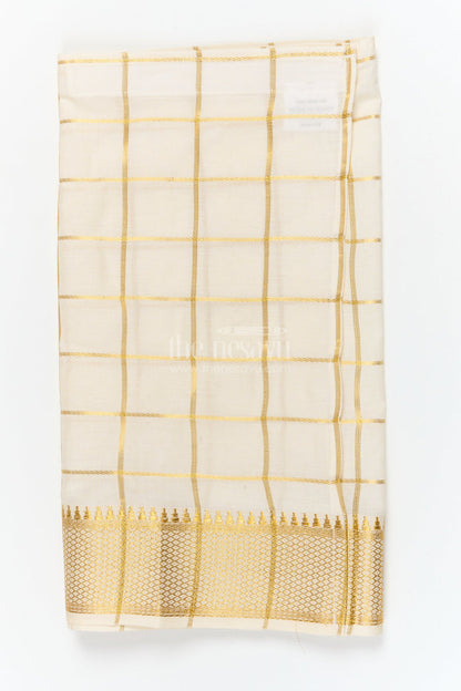 The Nesavu Boys Vesti Boys Vesti with Temple Checks for Ethnic Day and Traditional Events Nesavu 14 (6M) / Cream / Cotton D041A-14 Nesavu checked boys vesti with zari border for ethnic day and cultural celebrations