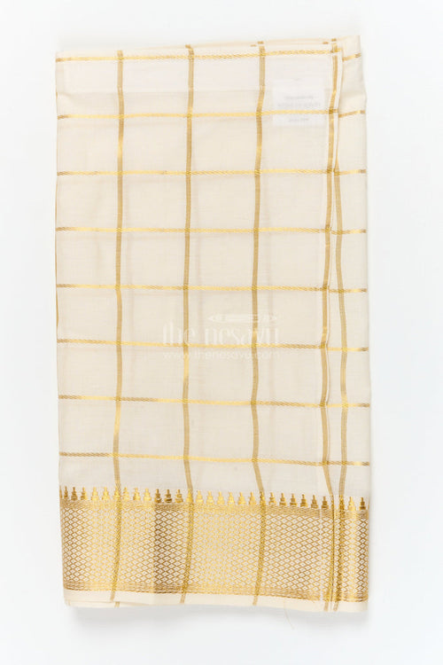 The Nesavu Boys Vesti Boys Vesti with Temple Checks for Ethnic Day and Traditional Events Nesavu 14 (6M) / Cream / Cotton D041A-14 Nesavu checked boys vesti with zari border for ethnic day and cultural celebrations