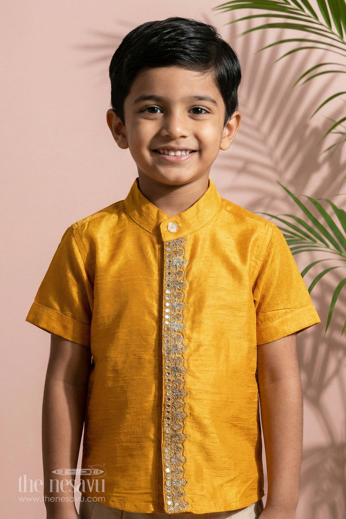 The Nesavu Boys Silk Shirt Boys Yellow Half Shirt in Silk Blend with Embroidered Panel for Festive and Traditional Wear Nesavu 16 (1Y) / Yellow BS237A-16 Boys Yellow Silk Half Shirt Embroidered Panel Short Sleeves Festive Wear | The Nesavu
