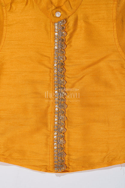 The Nesavu Boys Silk Shirt Boys Yellow Half Shirt in Silk Blend with Embroidered Panel for Festive and Traditional Wear Nesavu Nesavu Boys Yellow Silk Half Shirt Embroidered Panel Short Sleeves Festive Wear