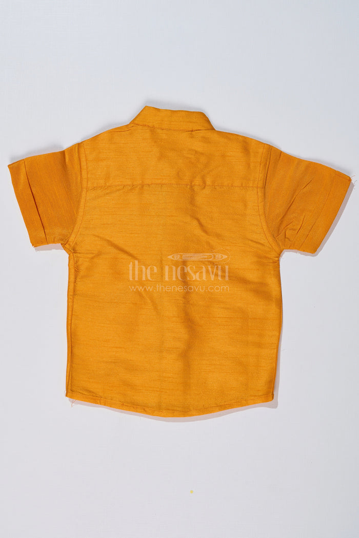 The Nesavu Boys Silk Shirt Boys Yellow Half Shirt in Silk Blend with Embroidered Panel for Festive and Traditional Wear Nesavu Nesavu Boys Yellow Silk Half Shirt Embroidered Panel Short Sleeves Festive Wear