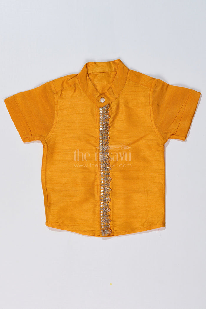 The Nesavu Boys Silk Shirt Boys Yellow Half Shirt in Silk Blend with Embroidered Panel for Festive and Traditional Wear Nesavu 16 (1Y) / Yellow BS237A-16 Boys Yellow Silk Half Shirt Embroidered Panel Short Sleeves Festive Wear | The Nesavu