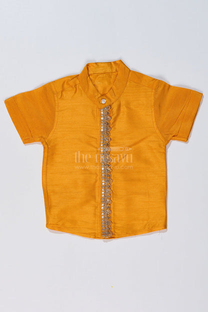 The Nesavu Boys Silk Shirt Boys Yellow Half Shirt in Silk Blend with Embroidered Panel for Festive and Traditional Wear Nesavu 16 (1Y) / Yellow BS237A-16 Boys Yellow Silk Half Shirt Embroidered Panel Short Sleeves Festive Wear | The Nesavu