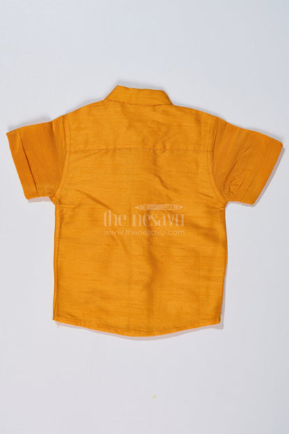 The Nesavu Boys Silk Shirt Boys Yellow Half Shirt in Silk Blend with Embroidered Panel for Festive and Traditional Wear Nesavu Boys Yellow Silk Half Shirt Embroidered Panel Short Sleeves Festive Wear | The Nesavu