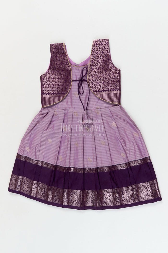 The Nesavu Girls Kanchi Silk Frock Bridal Silk Frock for Toddler Girls with Designer Kanchivaram Saree Inspired Weave Nesavu 10 (NB) / Purple / style 2 KSF016AB-10 Nesavu toddler girl bridal silk frock with designer Kanchivaram saree weave and traditional zari border