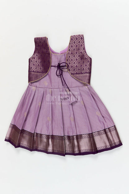 The Nesavu Girls Kanchi Silk Frock Bridal Silk Frock for Toddler Girls with Designer Kanchivaram Saree Inspired Weave Nesavu 10 (NB) / Purple / style 4 KSF016AD-10 Nesavu toddler girl bridal silk frock with designer Kanchivaram saree weave and traditional zari border