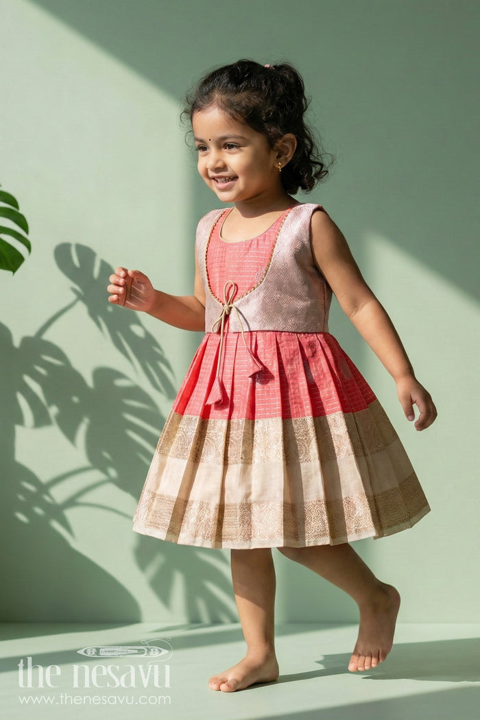 The Nesavu Girls Kanchi Silk Frock Bridal Silk Frock for Toddler Girls with Kanchivaram Saree Inspired Zari Detailing Nesavu 10 (NB) / Orange / style 1 KSF037EA-10 Nesavu toddler girl bridal silk frock with Kanchivaram inspired zari border and jacquard yoke