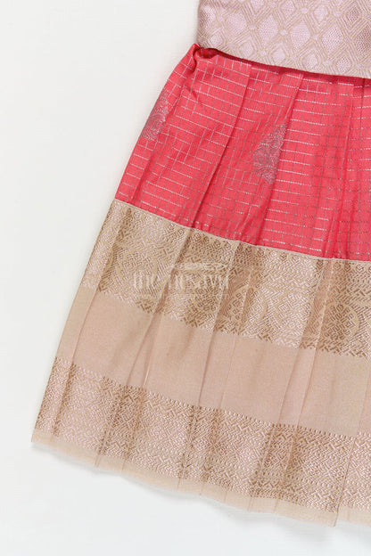 The Nesavu Girls Kanchi Silk Frock Bridal Silk Frock for Toddler Girls with Kanchivaram Saree Inspired Zari Detailing Nesavu Nesavu toddler girl bridal silk frock with Kanchivaram inspired zari border and jacquard yoke