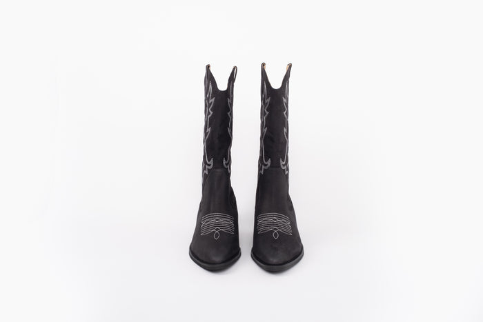 Front shot of womens black leather cowboy boot, available in larger sizes 8-12