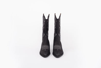 Front shot of womens black leather cowboy boot, available in larger sizes 8-12