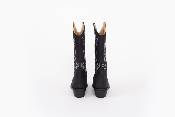 Back shot of black brier boot, large size women's cowboy boot in larger sizes 42 -46