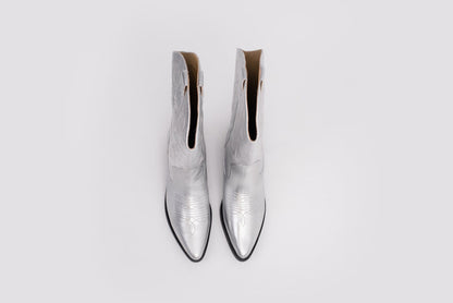 Aerial shot of silver womens western cowboy boot in large sizes 42 43 44 45 46