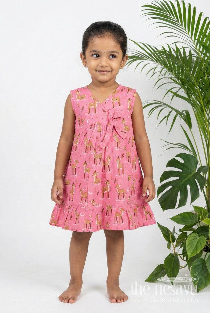The Nesavu Girls Cotton Frock Budget Friendly Cotton Frock for Girls with Hand Block Animal Print and Ruffle Accents in Vibrant Pink Nesavu 18 (2Y) / Pink GFC1792B-18 Nesavu Girls Cotton Frock Pink Hand Block Animal Print Stylish Bow Tie Detail