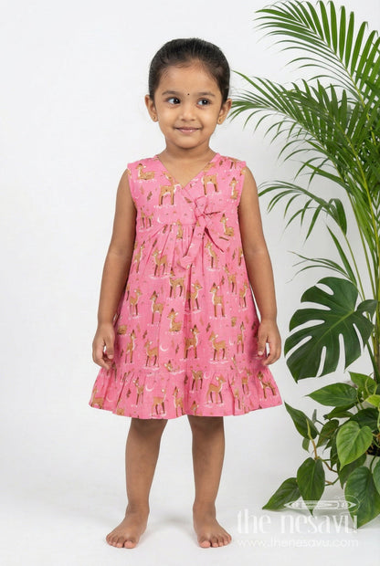 The Nesavu Girls Cotton Frock Budget Friendly Cotton Frock for Girls with Hand Block Animal Print and Ruffle Accents in Vibrant Pink Nesavu 18 (2Y) / Pink GFC1792B-18 Nesavu Girls Cotton Frock Pink Hand Block Animal Print Stylish Bow Tie Detail