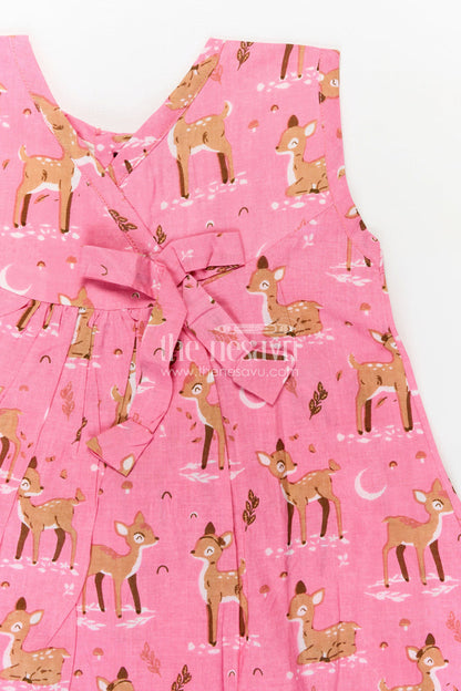 The Nesavu Girls Cotton Frock Budget Friendly Cotton Frock for Girls with Hand Block Animal Print and Ruffle Accents in Vibrant Pink Nesavu Nesavu Girls Cotton Frock Pink Hand Block Animal Print Stylish Bow Tie Detail