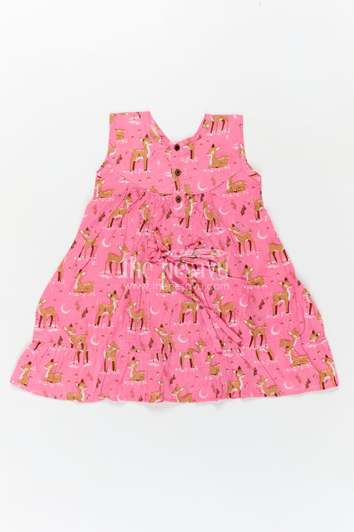 The Nesavu Girls Cotton Frock Budget Friendly Cotton Frock for Girls with Hand Block Animal Print and Ruffle Accents in Vibrant Pink Nesavu Nesavu Girls Cotton Frock Pink Hand Block Animal Print Stylish Bow Tie Detail