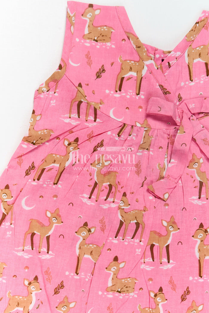 The Nesavu Girls Cotton Frock Budget Friendly Cotton Frock for Girls with Hand Block Animal Print and Ruffle Accents in Vibrant Pink Nesavu Nesavu Girls Cotton Frock Pink Hand Block Animal Print Stylish Bow Tie Detail