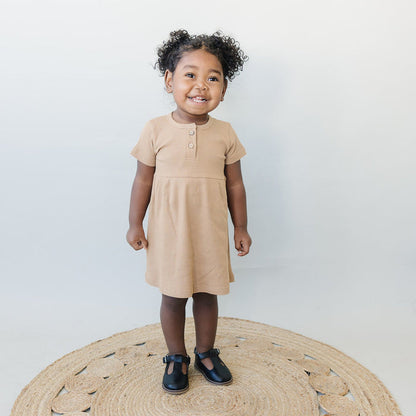 Cafe Short Sleeve Button Ribbed Organic Cotton Dress