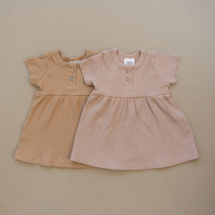 Cafe Short Sleeve Button Ribbed Organic Cotton Dress