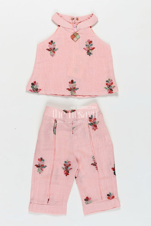 The Nesavu Girls Casual Set Casual Modest Outfits Pink Kora Cotton Girls Set with Embroidered High Neck Top and Floral Trousers Nesavu 18 (2Y) / Pink GPS627A-18 Nesavu Casual Modest Outfits Girls Pink Embroidered Kora Cotton High Neck Top Matching Pants