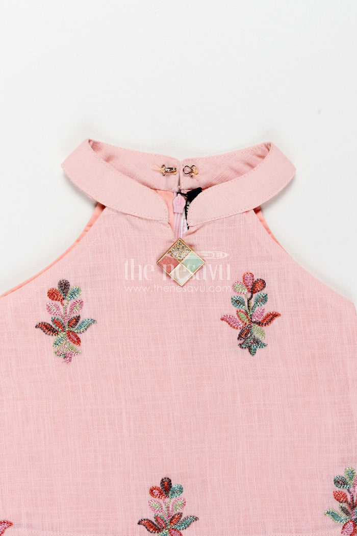 The Nesavu Girls Casual Set Casual Modest Outfits Pink Kora Cotton Girls Set with Embroidered High Neck Top and Floral Trousers Nesavu Nesavu Casual Modest Outfits Girls Pink Embroidered Kora Cotton High Neck Top Matching Pants