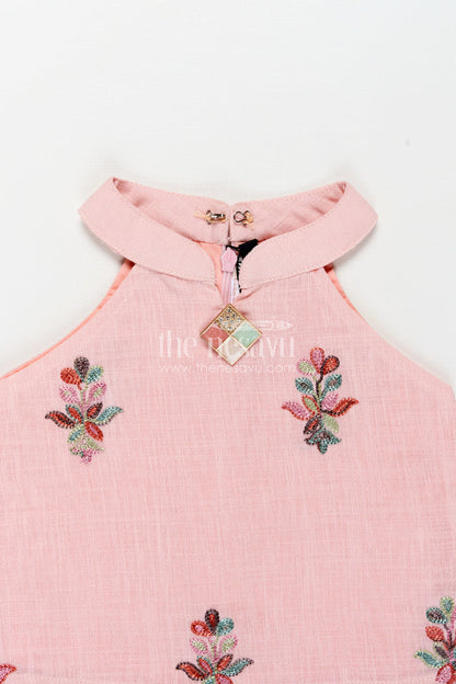 The Nesavu Girls Casual Set Casual Modest Outfits Pink Kora Cotton Girls Set with Embroidered High Neck Top and Floral Trousers Nesavu Nesavu Casual Modest Outfits Girls Pink Embroidered Kora Cotton High Neck Top Matching Pants