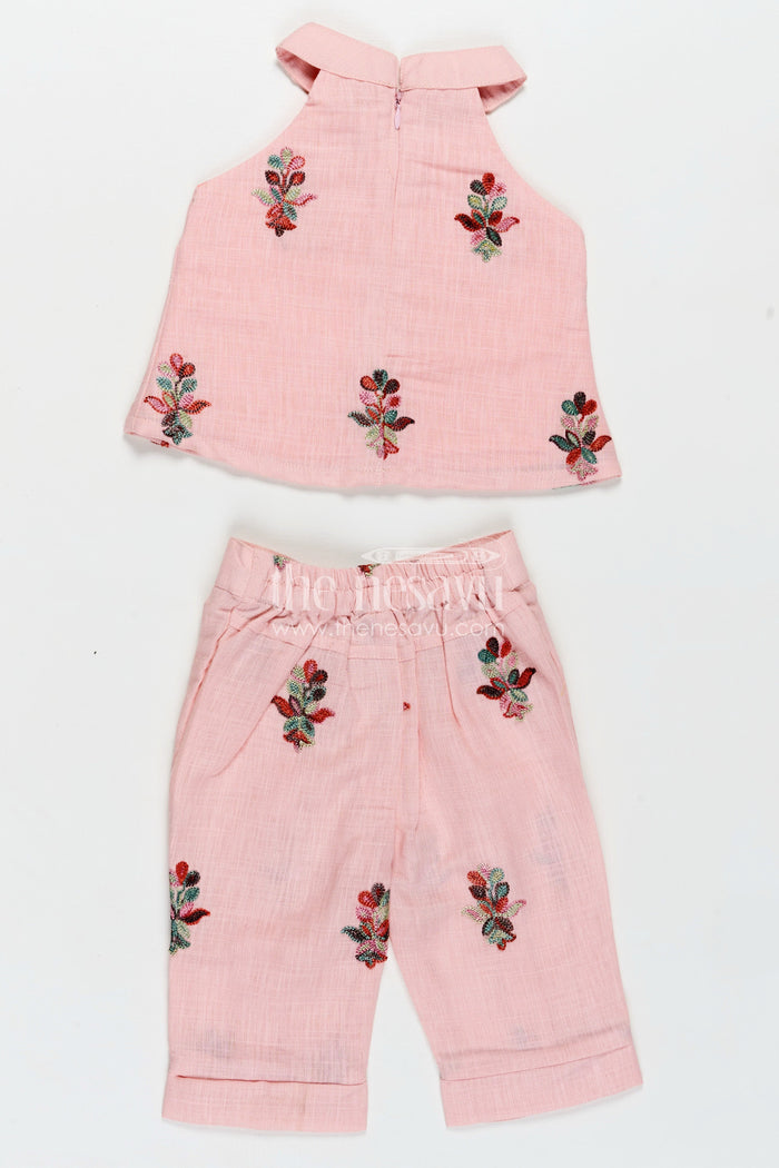 The Nesavu Girls Casual Set Casual Modest Outfits Pink Kora Cotton Girls Set with Embroidered High Neck Top and Floral Trousers Nesavu Nesavu Casual Modest Outfits Girls Pink Embroidered Kora Cotton High Neck Top Matching Pants
