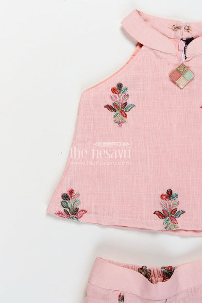 The Nesavu Girls Casual Set Casual Modest Outfits Pink Kora Cotton Girls Set with Embroidered High Neck Top and Floral Trousers Nesavu Nesavu Casual Modest Outfits Girls Pink Embroidered Kora Cotton High Neck Top Matching Pants