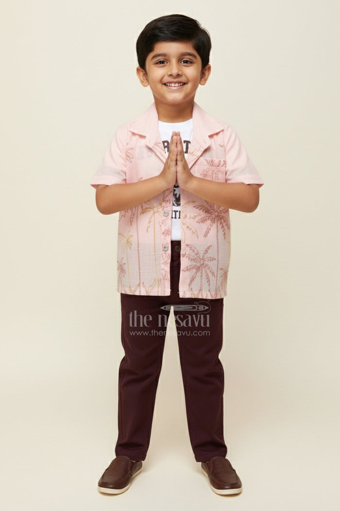 The Nesavu Boys Casual Set Casual Shirt and Pant Set for Toddler Boys for Everyday Outings Nesavu 16 (1Y) / Pink BCS454A-16 Nesavu casual cotton shirt pant set toddler boys embroidery layered tee