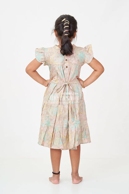 The Nesavu Girls Cotton Frock Casual Wear Frocks for Girls in Cotton with Kantha Stitch Styled Print and Tiered Design Nesavu Nesavu Casual Wear Frocks Girls Cotton Kantha Stitch Digital Print Bow Detail