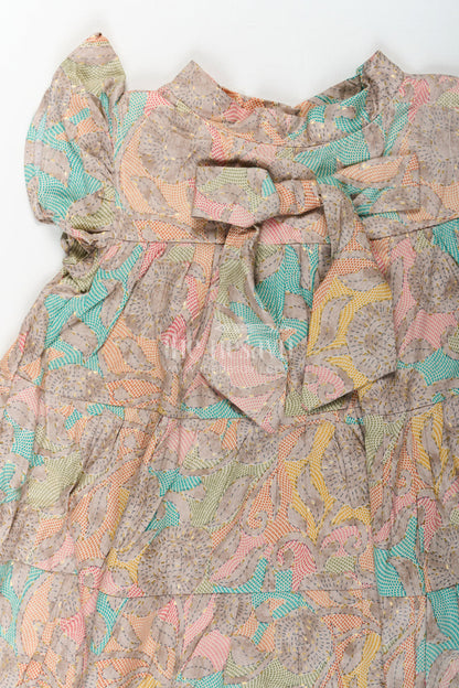 The Nesavu Girls Cotton Frock Casual Wear Frocks for Girls in Cotton with Kantha Stitch Styled Print and Tiered Design Nesavu Nesavu Casual Wear Frocks Girls Cotton Kantha Stitch Digital Print Bow Detail