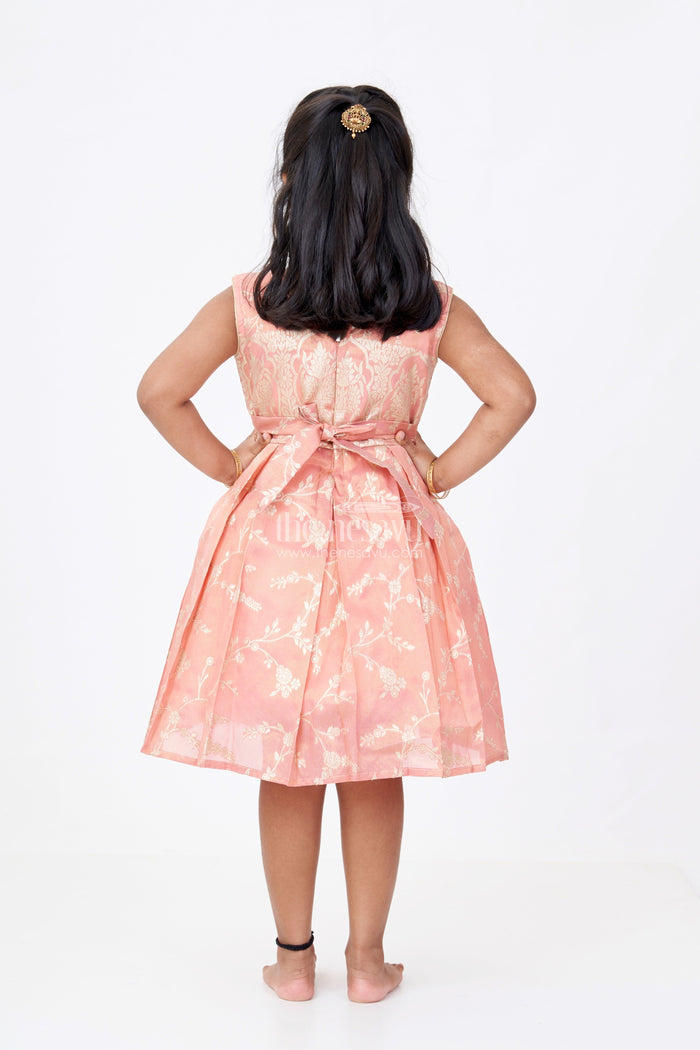 The Nesavu Silk Party Frock Charming Girls Short Silk Frock in Gold Tissue Banarasi Jacquard with Embroidered Yoke Nesavu Nesavu Girls Short Silk Frock Banarasi Jacquard Embroidery Gold Zari Patterns