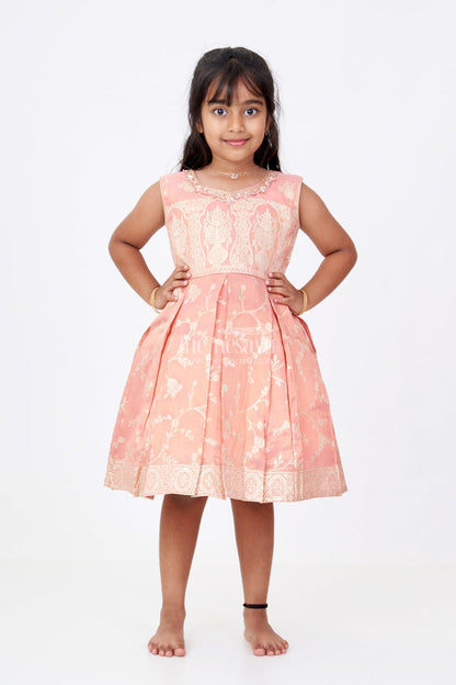 The Nesavu Silk Party Frock Charming Girls Short Silk Frock in Gold Tissue Banarasi Jacquard with Embroidered Yoke Nesavu 16 (1Y) / Peach SF976C-16 Girls Short Silk Frock Banarasi Jacquard Embroidery Gold Zari Patterns | The Nesavu