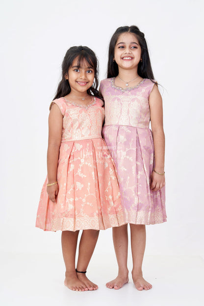 The Nesavu Silk Party Frock Charming Girls Short Silk Frock in Gold Tissue Banarasi Jacquard with Embroidered Yoke Nesavu Girls Short Silk Frock Banarasi Jacquard Embroidery Gold Zari Patterns | The Nesavu