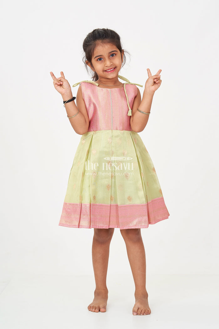 The Nesavu Silk Frock Charming Girls Simple Silk Frock in Gold Tissue Banarasi Jacquard with Dual-Tone Design Nesavu 16 (1Y) / Green SF981A-16 Nesavu Girls Simple Silk Frock Banarasi Jacquard Dual-Tone Elegance