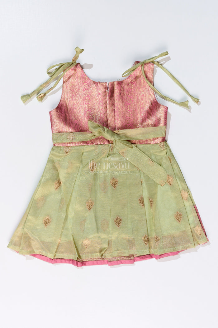 The Nesavu Silk Frock Charming Girls Simple Silk Frock in Gold Tissue Banarasi Jacquard with Dual-Tone Design Nesavu Nesavu Girls Simple Silk Frock Banarasi Jacquard Dual-Tone Elegance