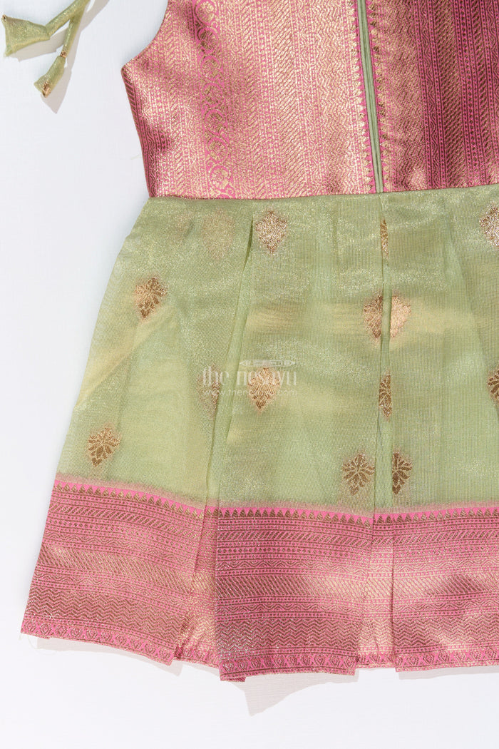 The Nesavu Silk Frock Charming Girls Simple Silk Frock in Gold Tissue Banarasi Jacquard with Dual-Tone Design Nesavu Nesavu Girls Simple Silk Frock Banarasi Jacquard Dual-Tone Elegance