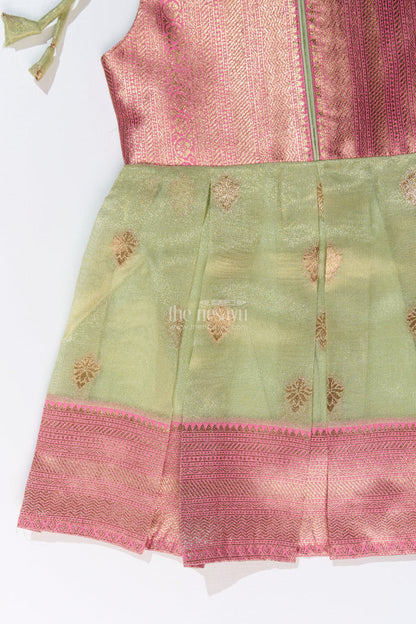 The Nesavu Silk Frock Charming Girls Simple Silk Frock in Gold Tissue Banarasi Jacquard with Dual-Tone Design Nesavu Nesavu Girls Simple Silk Frock Banarasi Jacquard Dual-Tone Elegance