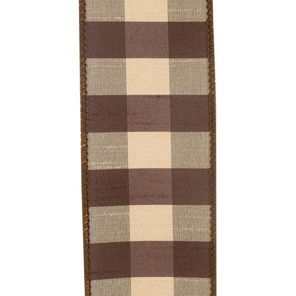 Check Silk Wired Edge Ribbon, Brown, 2-1/2 In, 10 Yards